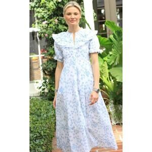 Julia India Amory JA Ruffle Shirt Midi Maxi Dress Blue Floral Puff Sleeve Cotton